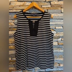 Charter Club Women's Navy Blue and White Striped Tank Top, Size. L